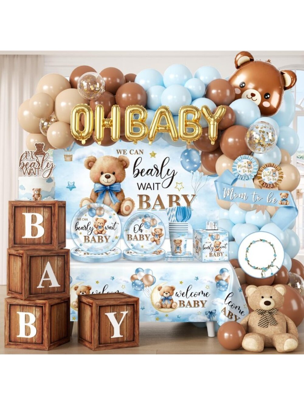 213Pcs Blue Baby Boy Shower Decorations & Tableware Set for 25 Guests